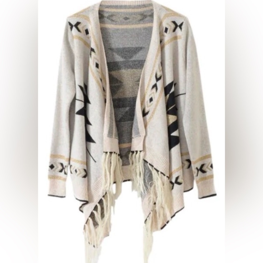 Aztec Print Sweater Cardigan Wrap Black Gold Metallic Light Beige Open Front